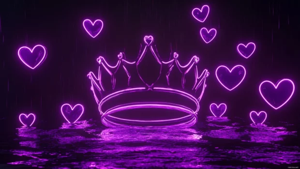 A floating crown surrounded by purple neon hearts.