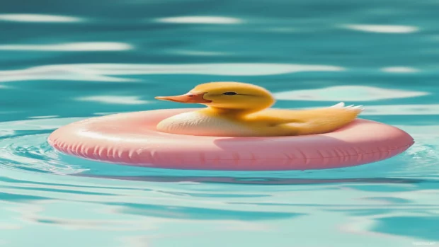 A floating duck on a doughnut shaped floaty in a pool makes for super Cute Duck Wallpapers.