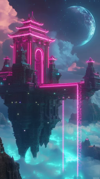 A floating temple with neon lights above a digital ocean.