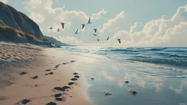 A flock of seagulls glides over gentle surf as footprints dot the damp sand.