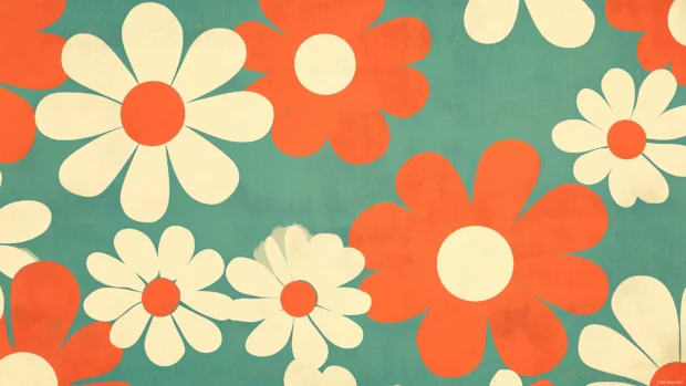 A floral retro wallpaper featuring bold daisy patterns in muted orange, teal, and cream tones, with a vintage 70s inspired aesthetic, Retro style1.
