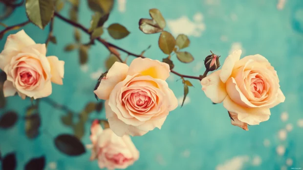 A floral retro wallpaper featuring oversized roses in soft pink and mustard hues, with delicate foliage and a distressed vintage texture2.