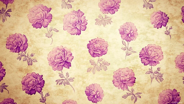 A floral retro wallpaper with repeating patterns of stylized carnations in muted pink and lavender hues, on a textured golden background, Retro style.