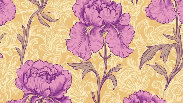 A floral retro wallpaper with repeating patterns of stylized carnations in muted pink and lavender hues, on a textured golden background, Retro style.