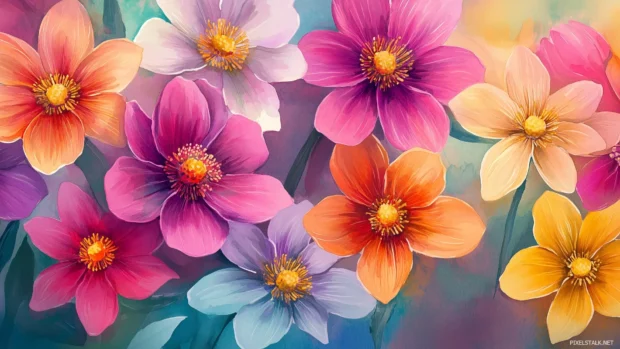 A floral watercolor background that is blooming with a variety of colors.