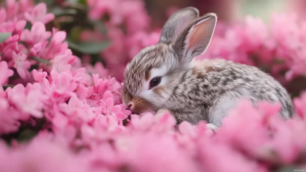 A fluffy bunny nestled among Pink Girly spring flowers.