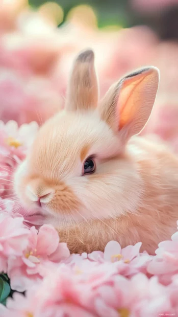 A fluffy bunny resting among flowers in pink wallpapers for girls inspired theme.