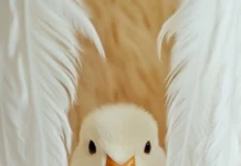A fluffy duck peeks out from between soft feathers arranged as a vertical pattern.