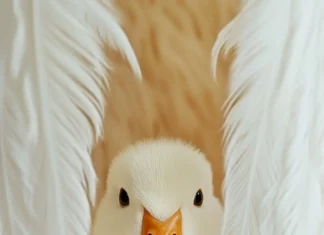 A fluffy duck peeks out from between soft feathers arranged as a vertical pattern.