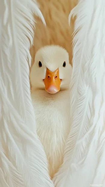 A fluffy duck peeks out from between soft feathers arranged as a vertical pattern.