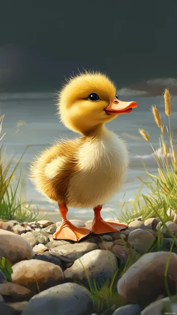 A fluffy duckling stands atop a pebble path with grass in the background.