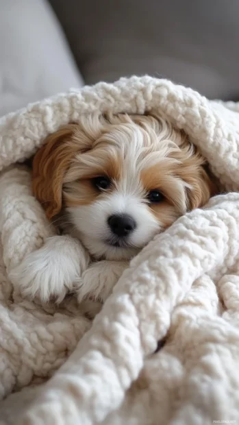 A fluffy puppy curled up in a blanket, designed as the best cute puppy wallpaper for iPhone users.
