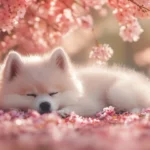 A fluffy puppy lies peacefully beside a blooming cherry blossom tree.