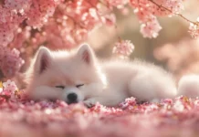 A fluffy puppy lies peacefully beside a blooming cherry blossom tree.
