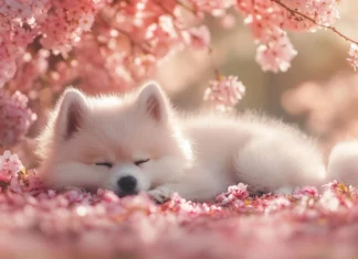 A fluffy puppy lies peacefully beside a blooming cherry blossom tree.