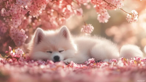 A fluffy puppy lies peacefully beside a blooming cherry blossom tree.