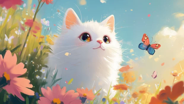A fluffy white cat with big sparkling eyes, surrounded by colorful flowers and butterflies, in a cheerful pastel background.