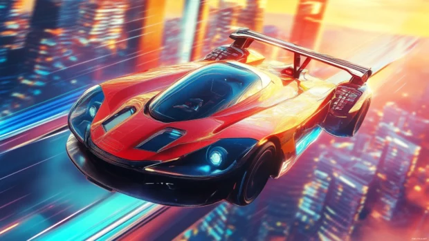 A flying car race above a futuristic skyline.
