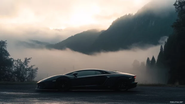 A foggy mountain backdrop silhouettes the parked black Lamborghini.