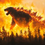 A forest fire burning behind Godzillas colossal frame.