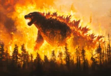 A forest fire burning behind Godzillas colossal frame.