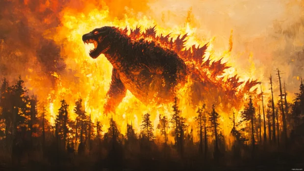 A forest fire burning behind Godzillas colossal frame.