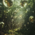 A forest of floating glass roots and dreamlike mist in a cool trippy dimension.