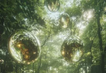 A forest of floating glass roots and dreamlike mist in a cool trippy dimension.