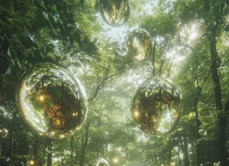 A forest of floating glass roots and dreamlike mist in a cool trippy dimension.