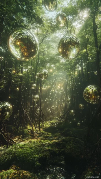 A forest of floating glass roots and dreamlike mist in a cool trippy dimension.