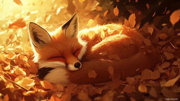 A fox curled up beneath a blanket of fallen leaves, surrounded by soft sunlight.
