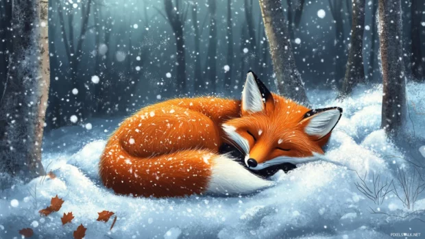 A fox curled up sleeping in the snow, calm winter atmosphere.