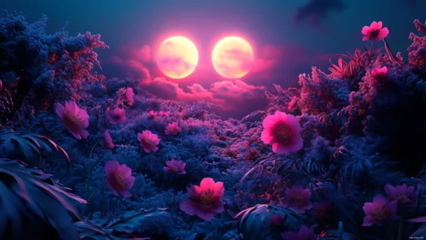 A free trippy desktop wallpaper, a serene yet bizarre garden of alien flowers, blooming under two suns, ultra HD.