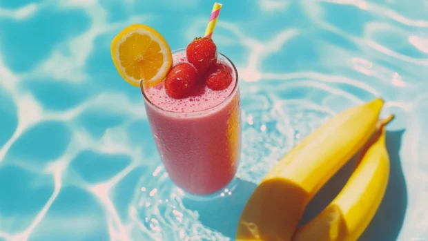 A fresh fruit smoothie beside a pool, offering cool tones for summer computer wallpaper seekers.