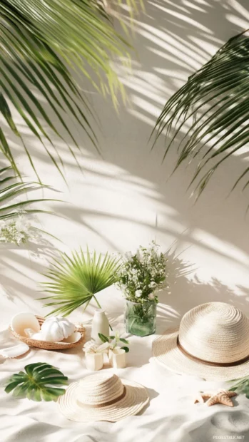 A fresh, minimal setup combining pale beach scenes, soft hued tropical plants, and playful summer icons.