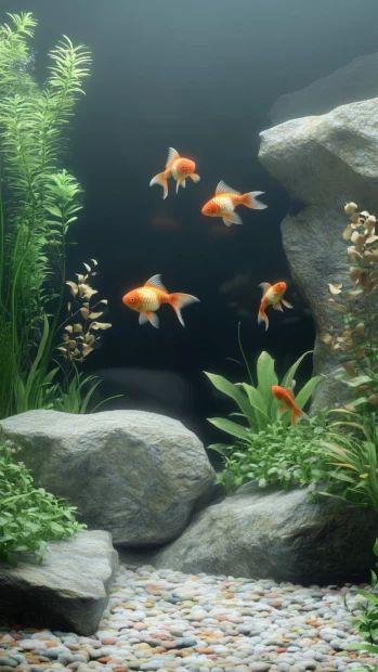 A freshwater fish tank scene with goldfish swimming among delicate water plants, a stone base, and soft, diffused lighting for a calm ambiance.