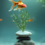 A freshwater fish tank scene with goldfish swimming among delicate water plants, a stone base, and soft, diffused lighting for a calm ambiance.
