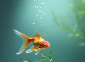 A freshwater fish tank scene with goldfish swimming among delicate water plants, a stone base, and soft, diffused lighting for a calm ambiance.