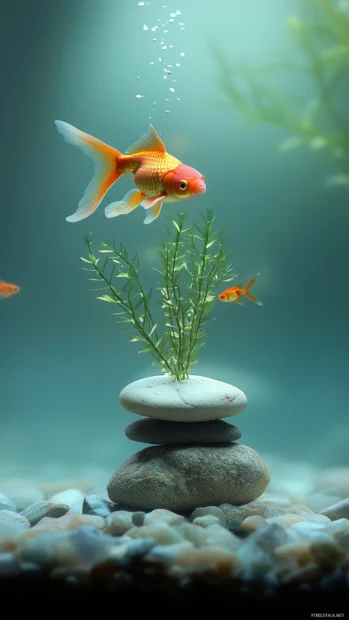 A freshwater fish tank scene with goldfish swimming among delicate water plants, a stone base, and soft, diffused lighting for a calm ambiance.