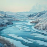 A frozen river winding through snowy hills.