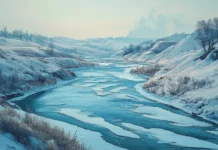 A frozen river winding through snowy hills.