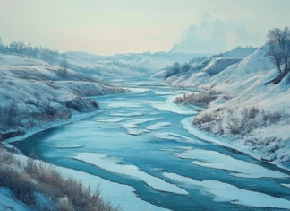 A frozen river winding through snowy hills.