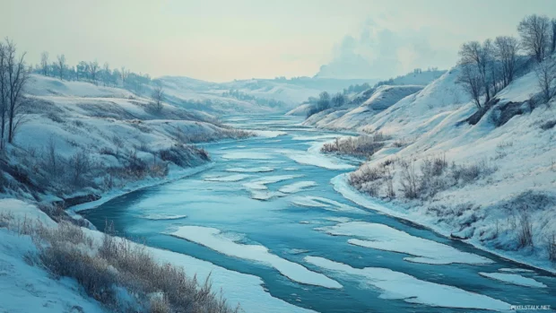 A frozen river winding through snowy hills.