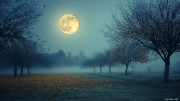 A full moon over a quiet, foggy orchard in late autumn.