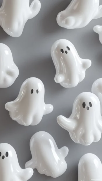 A full pattern of ghost shaped balloons floating in gentle motion over soft gray.