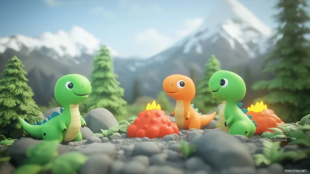 A fun 3D dinosaur park with friendly dinosaurs in bright colors, standing among volcanoes and plants, bringing an exciting prehistoric world to life for kids.