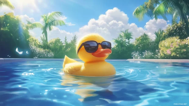 A fun Rubber Duck wallpaper where the duck wears sunglasses and floats in a pool under sunshine.