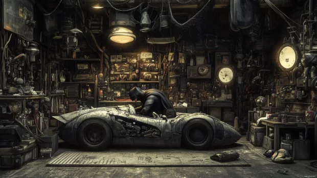 A fun, cartoonish version of Batman at the Batcave, tinkering with the Batmobile and surrounded by quirky gadgets, with a humorous twist.