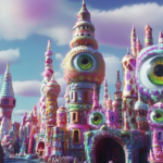 A funky city made of candy towers and blinking eyeballs in cartoon trippy style.