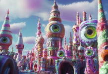 A funky city made of candy towers and blinking eyeballs in cartoon trippy style.